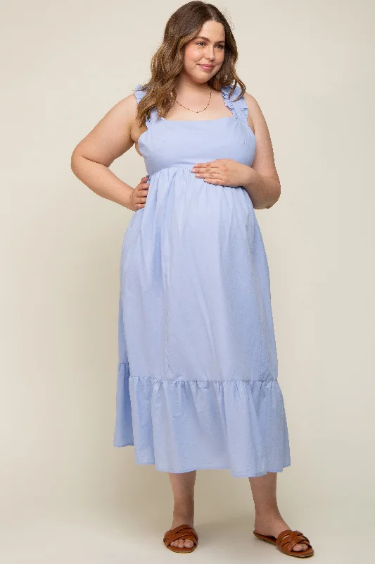 Light Blue Ruffle Strap Back Tie Maternity Plus Midi Dress Trendy Shift Midi Dress