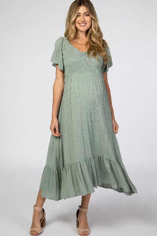 Light Olive Smocked V-Neck Maternity Midi Dress Chic Lace Detail Midi Dress