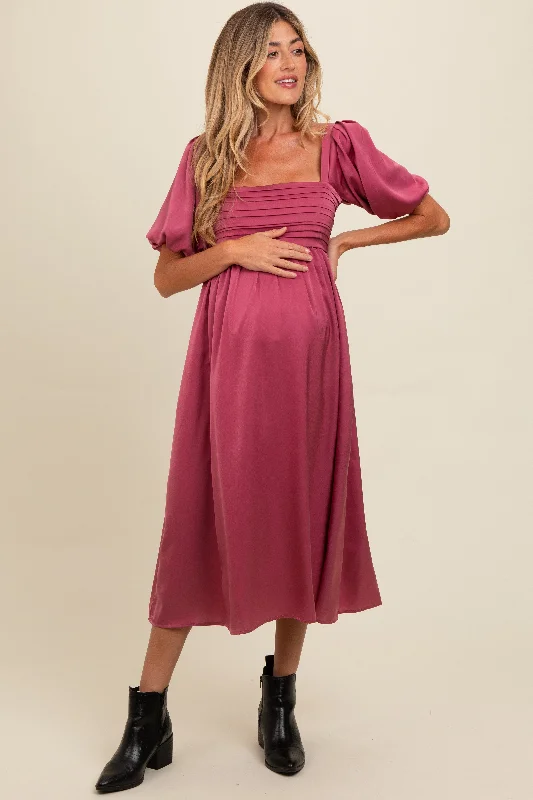 Mauve Satin Pleated Bodice Puff Sleeve Maternity Midi Dress Stylish Vintage Midi Dress