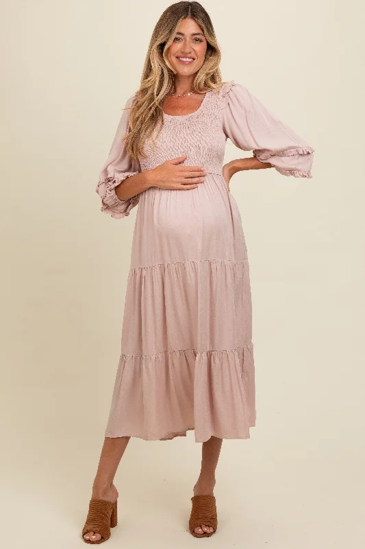 Mauve Smocked Ruffle Shoulder Tiered Maternity Midi Dress Comfortable Ribbed Midi Dress