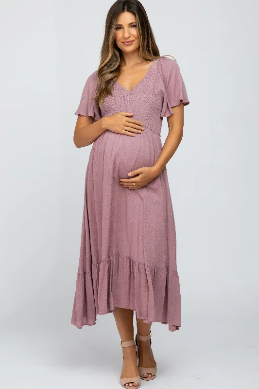 Mauve Smocked V-Neck Maternity Midi Dress Trendy Ruffled Sleeve Midi Dress