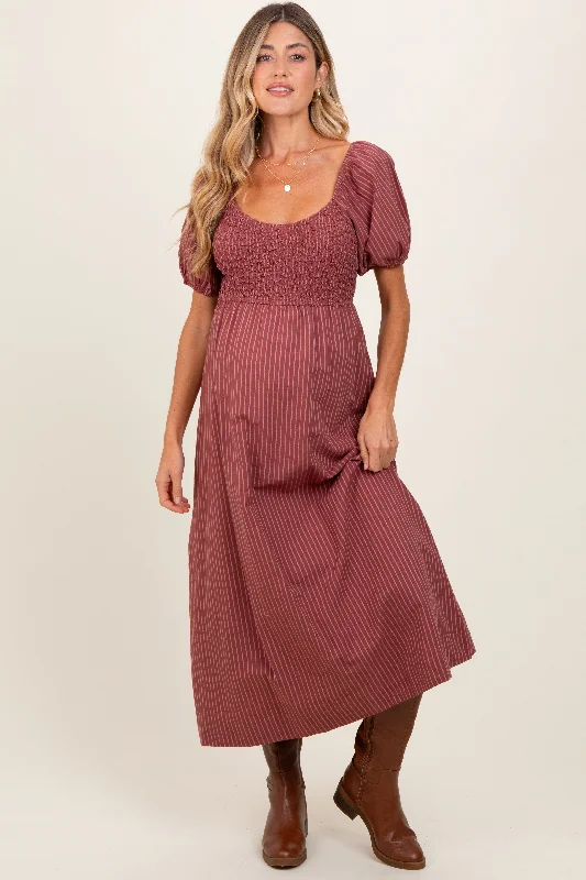 Mauve Striped Popcorn Smocked Maternity Midi Dress Fashionable Wide Leg Midi Dress