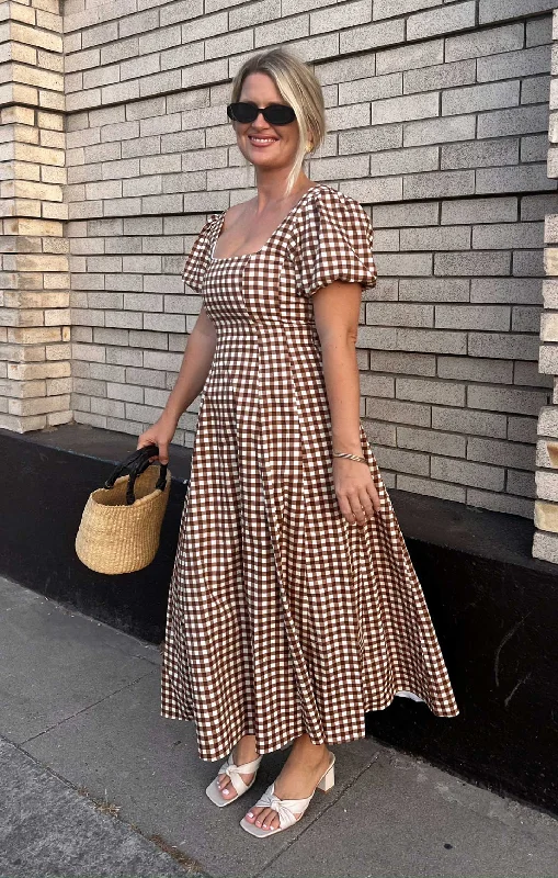 Mia Midi Dress ~ Brown Gingham Fashionable Shift Midi Dress