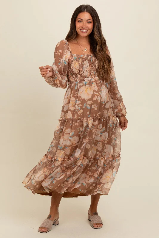 Mocha Floral Square Neck Smocked Maternity Midi Dress Chic Off-Shoulder Midi Dress