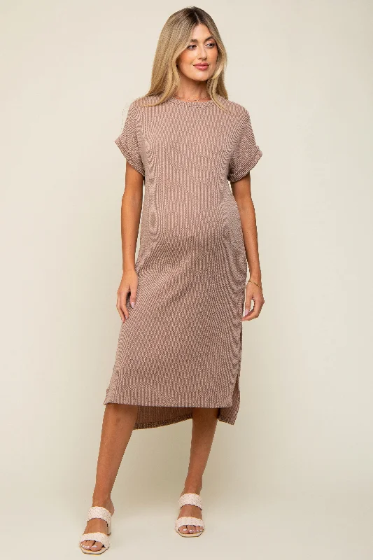 Mocha Ribbed Short Sleeve Maternity Midi Dress Trendy Bodycon Midi Dress