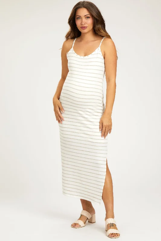 Mocha Striped Knit Side Slit Sleeveless Maternity Midi Dress Stylish Midi Dress with Cuffs