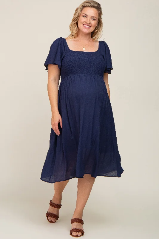 Navy Blue Smocked Square Neck Flutter Short Sleeve Maternity Plus Midi Dress Comfortable Short Sleeve Midi Dress