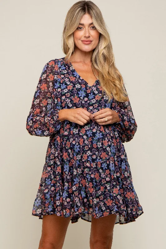 Navy Floral Chiffon Maternity Mini Dress Comfortable Shift Mini Dress