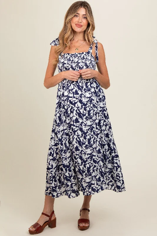 Navy Printed Smocked Shoulder Tie Maternity Midi Dress Chic Off-Shoulder Midi Dress