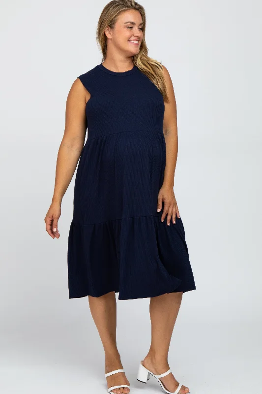 Navy Ribbed Sleeveless Plus Maternity Midi Dress Trendy Fit-and-Flare Midi Dress