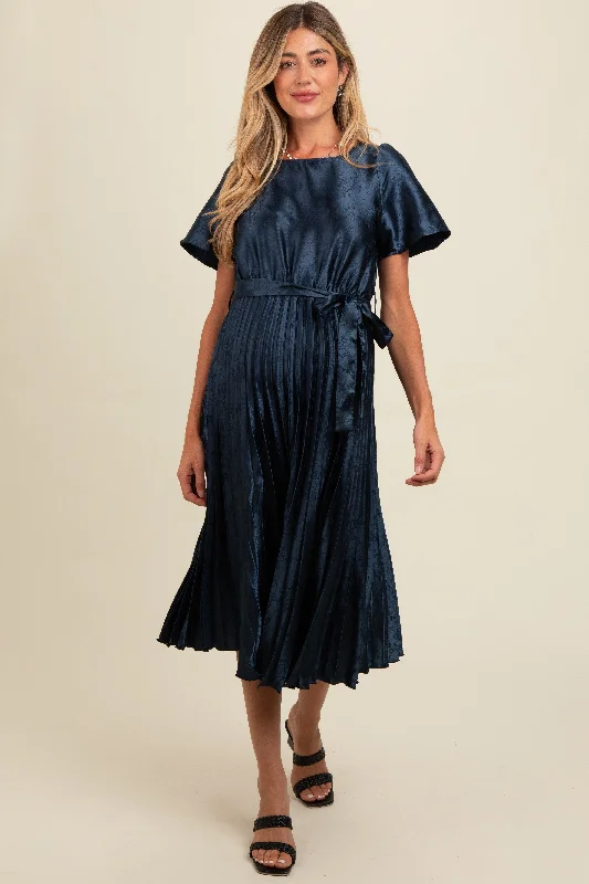 Navy Satin Pleated Sash Tie Maternity Midi Dress Fashionable High-Low Midi Dress