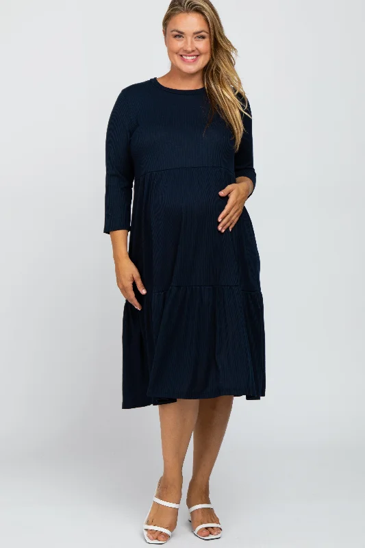 Navy Tiered Ribbed 3/4 Sleeve Plus Maternity Midi Dress Trendy Off-Shoulder Button Midi Dress