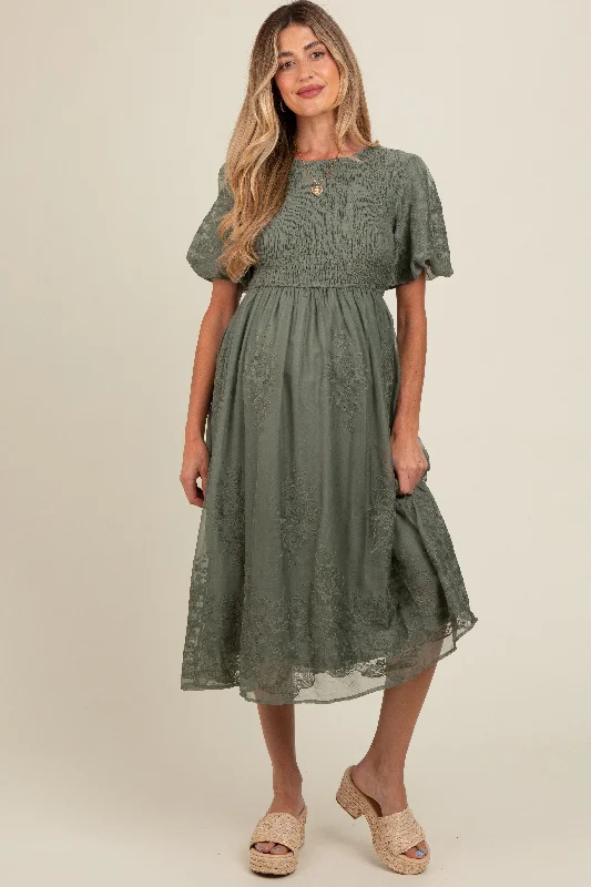 Olive Floral Lace Smocked Maternity Midi Dress Trendy Smocked Detail Midi Dress