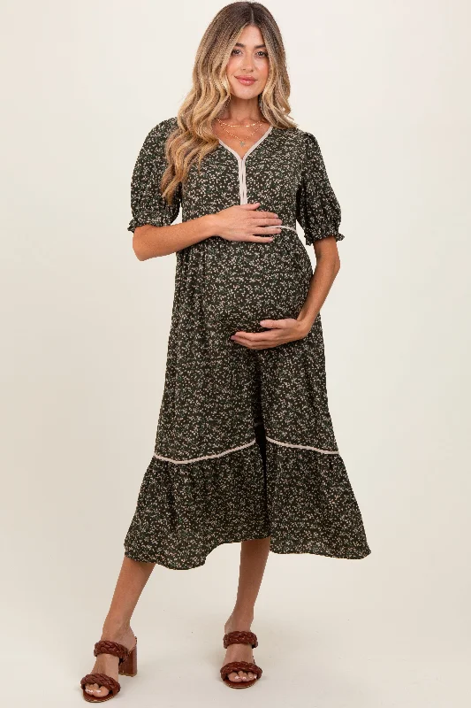 Olive Floral Puff Sleeve Ruffle Hem Maternity Midi Dress Comfortable Ribbed Midi Dress