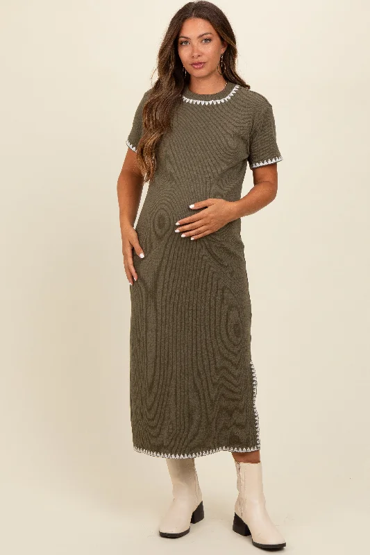 Olive Green Ribbed Embroidered Trim Short Sleeve Maternity Midi Dress Fashionable A-Line Midi Dress