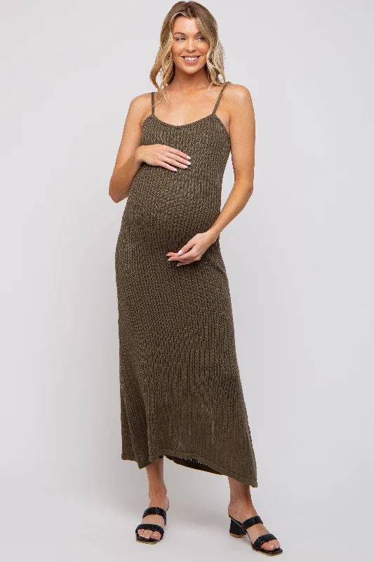 Olive Open Knit Crochet Maternity Midi Dress Elegant Satin Slip Midi Dress