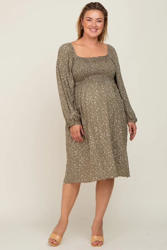 Olive Printed Long Sleeve Plus Maternity Midi Dress Trendy Flared Sleeve Midi Dress