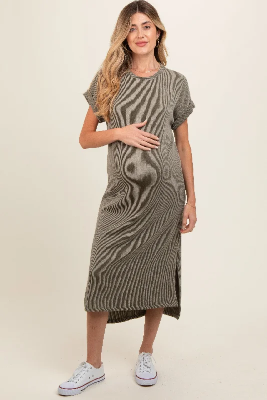 Olive Ribbed Short Sleeve Maternity Midi Dress Comfortable Deep V Midi Dress