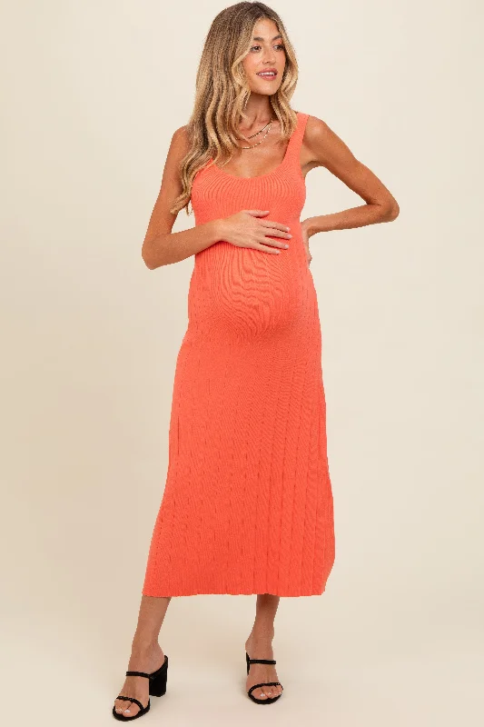 Orange Knit Ribbed Fitted Maternity Midi Dress Elegant Satin Button Midi Dress