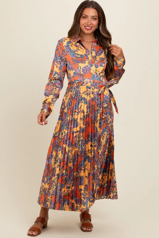 Orange Paisley Print Pleated Button Down Maternity Midi Dress Fashionable Casual Midi Dress