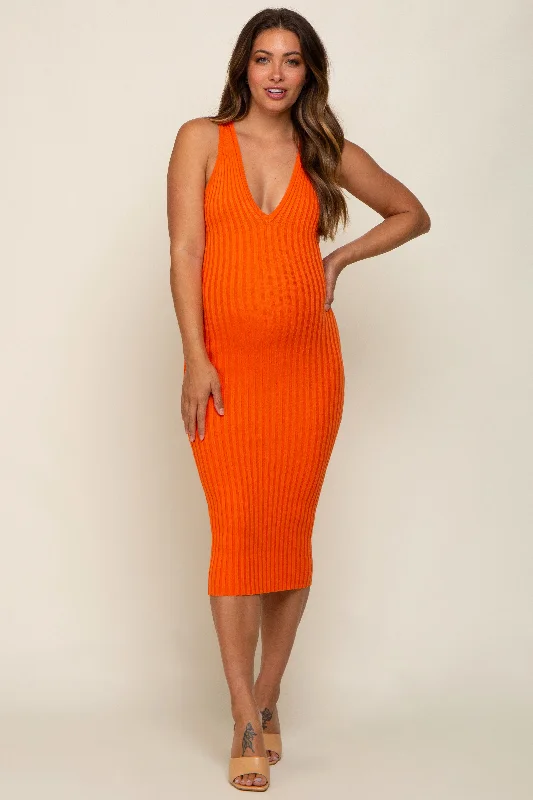 Orange Ribbed Knit Fitted V-Neck Maternity Midi Dress Comfortable Casual Midi Dress