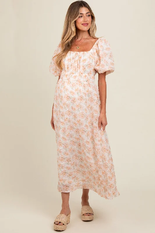 Peach Floral Puff Sleeve Maternity Midi Dress Stylish Midi Dress with Cuffs