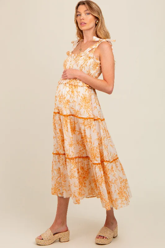 Peach Floral Sleeveless Ruffle Tiered Maternity Midi Dress Comfortable Sleeveless Midi Dress