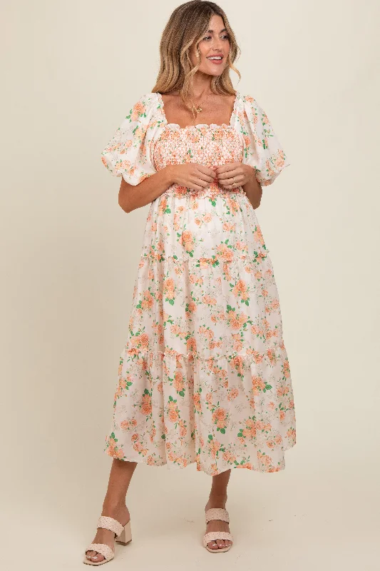 Peach Floral Smocked Puff Sleeve Maternity Midi Dress Elegant Pleated Sleeve Midi Dress