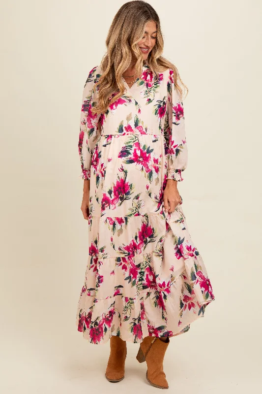 Peach Floral V-Neck Tiered Maternity Midi Dress Fashionable A-Line Midi Dress