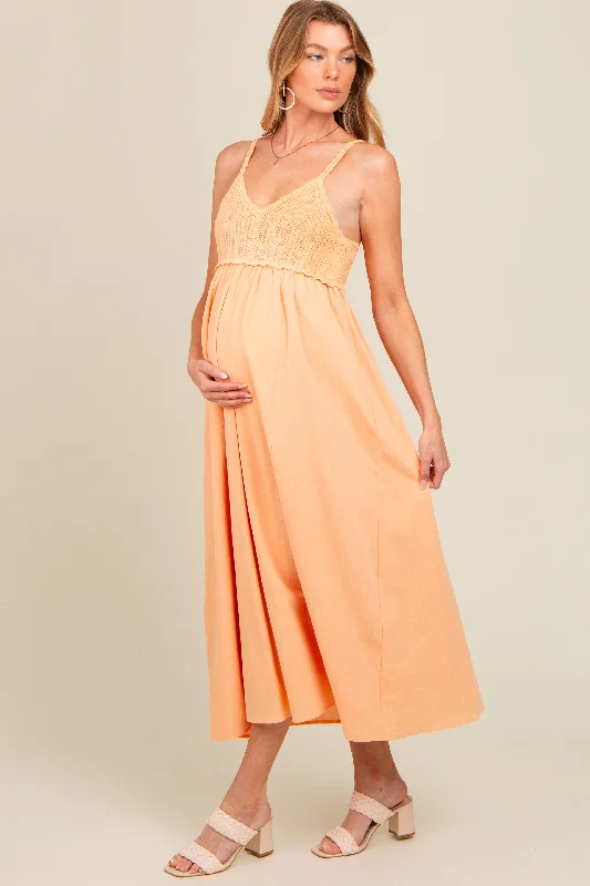 Peach V-Neck Crochet Top Maternity Midi Dress Stylish Silk Midi Dress