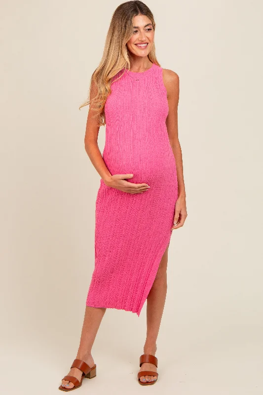 Pink Ribbed Side Slit Sleeveless Maternity Midi Dress Fashionable Casual Midi Dress