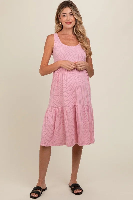 Pink Tiered Sleeveless Maternity Midi Dress Cozy Knit Midi Dress