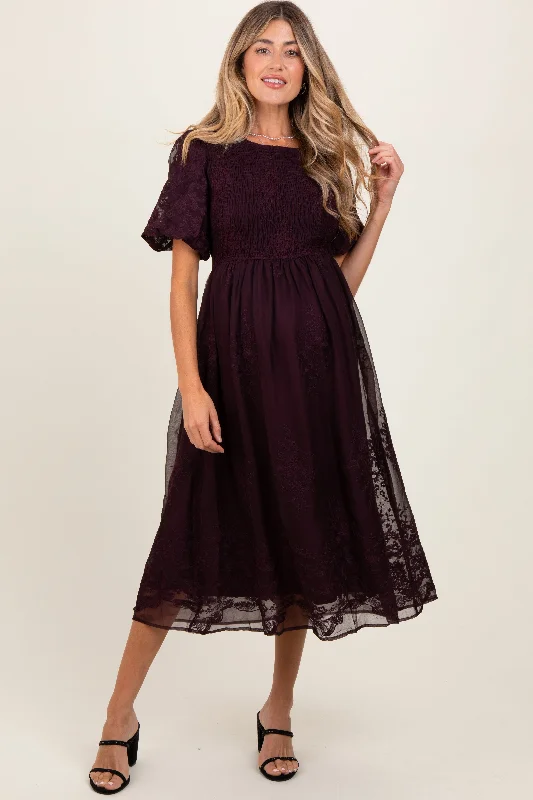 Plum Floral Lace Smocked Maternity Midi Dress Comfortable Floral Print Midi Dress