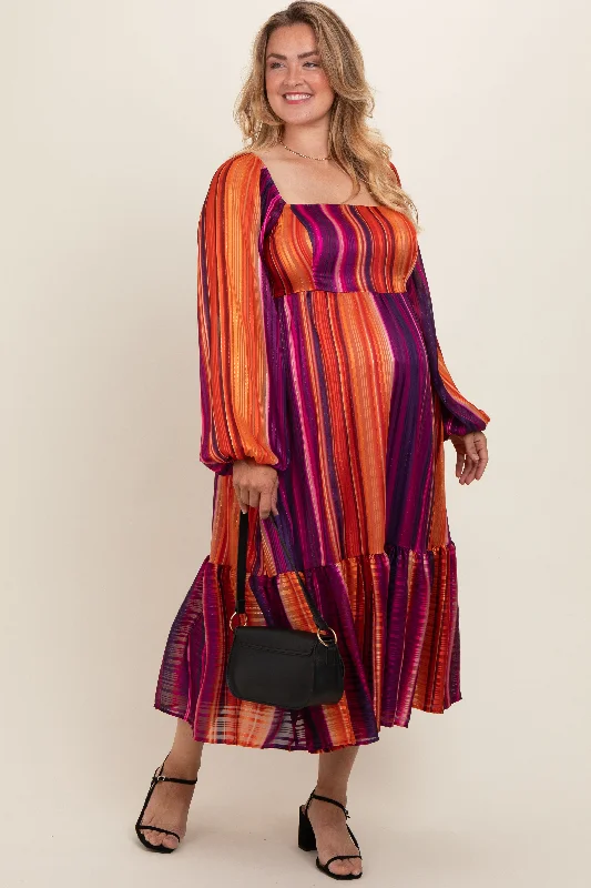 Plum Striped Metallic Yarn Maternity Plus Midi Dress Fashionable Chiffon Midi Dress