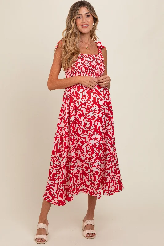 Red Printed Smocked Shoulder Tie Maternity Midi Dress Stylish Tiered Midi Dress