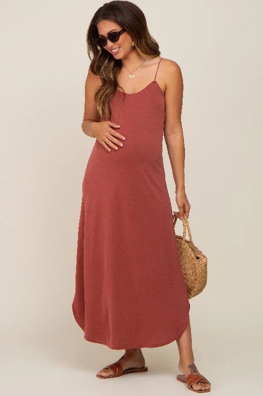 Rust Basic Maternity Midi Dress Stylish Cold Shoulder Midi Dress