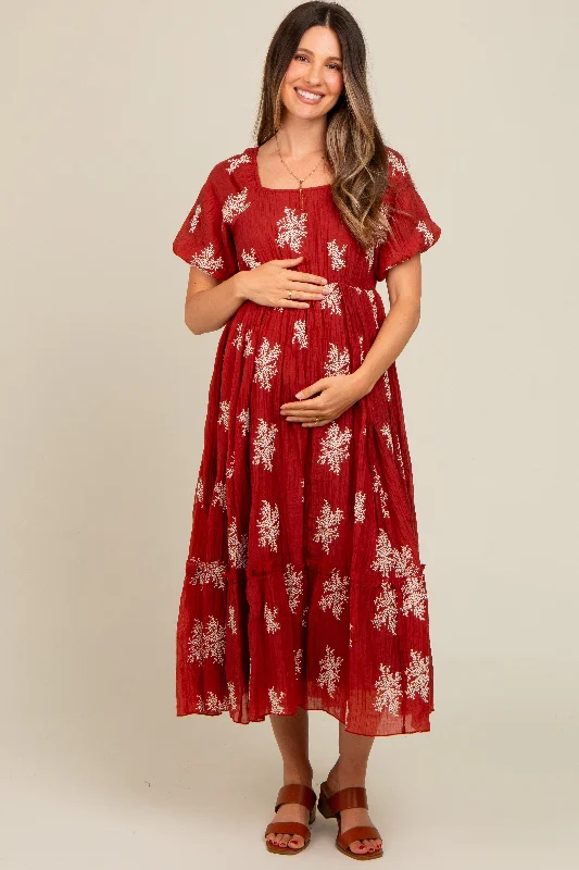 Rust Floral Print Ruffle Hem Maternity Midi Dress Fashionable Pencil Midi Dress