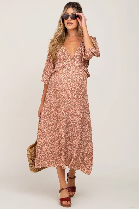 Rust Floral Ruffle V-Neck Maternity Midi Dress Cozy A-Line Midi Dress