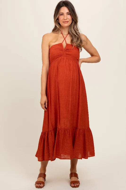 Rust Halter Maternity Midi Dress Trendy Smocked Waist Midi Dress