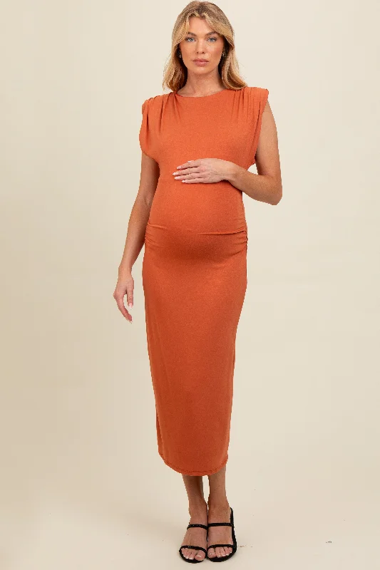 Rust Padded Shoulder Fitted Maternity Midi Dress Trendy Midi Dress with Belt