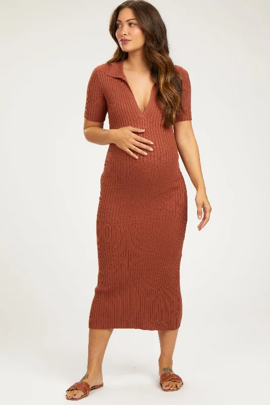 Rust Ribbed Collared V-Neck Maternity Midi Dress Chic Bohemian Midi Dress