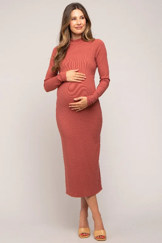 Rust Ribbed Mock Neck Maternity Midi Dress Trendy Flared Sleeve Midi Dress