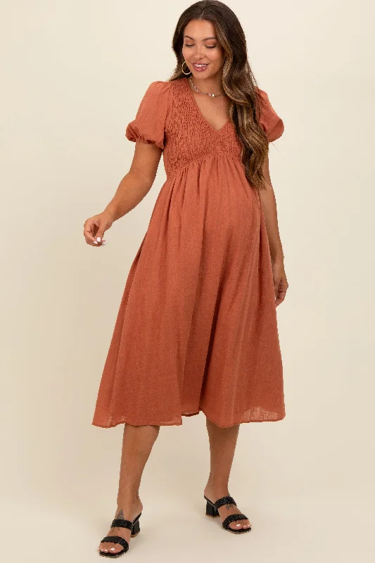 Rust Smocked V-Neck Puff Sleeve Maternity Midi Dress Chic Bohemian Midi Dress