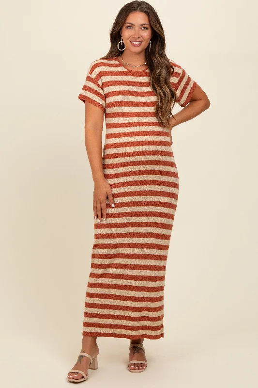 Rust Striped Knit Maternity Midi Dress Stylish Midi Dress with Cuffs