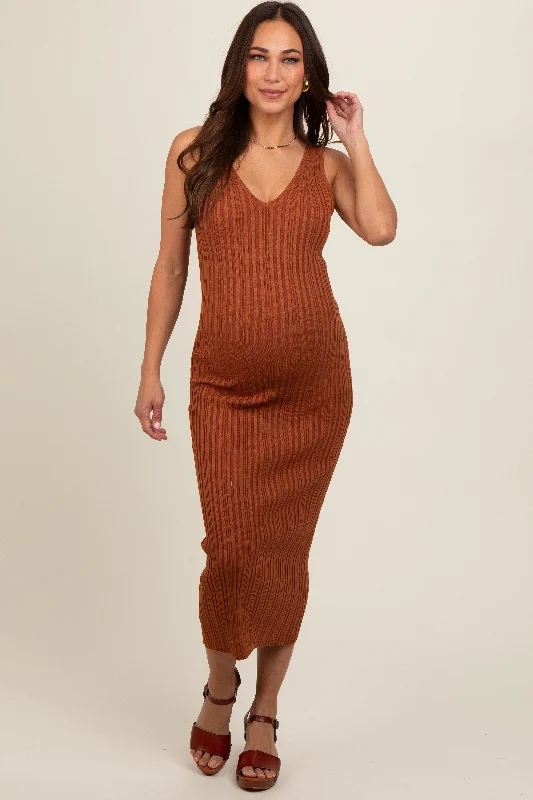 Rust V Neck Sleeveless Knit Maternity Midi Dress Trendy Mock Neck Midi Dress