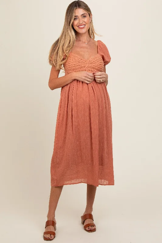 Salmon Crochet Front Short Puff Sleeve Maternity Midi Dress Cozy A-Line Midi Dress