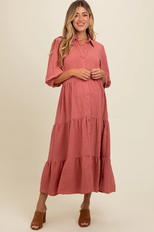 Salmon Tiered Button Down Maternity Midi Dress Stylish Cold Shoulder Midi Dress