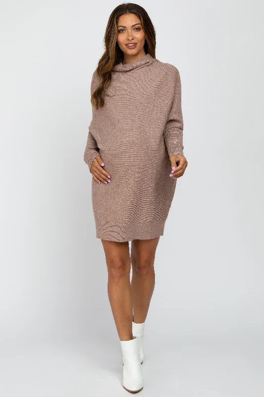 Taupe Funnel Neck Dolman Sleeve Maternity Mini Dress Comfortable Bodycon Mini Dress