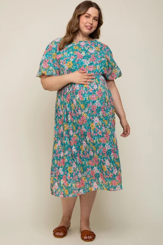 Teal Floral Pleated Maternity Plus Size Midi Dress Fashionable Fitted Midi Dress