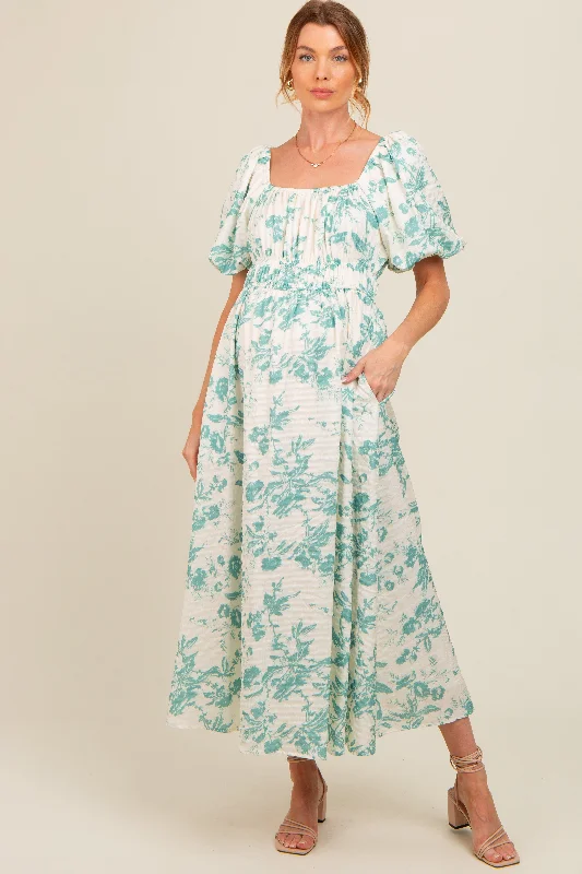 Teal Floral Puff Sleeve Maternity Midi Dress Trendy Ruffle Hem Midi Dress